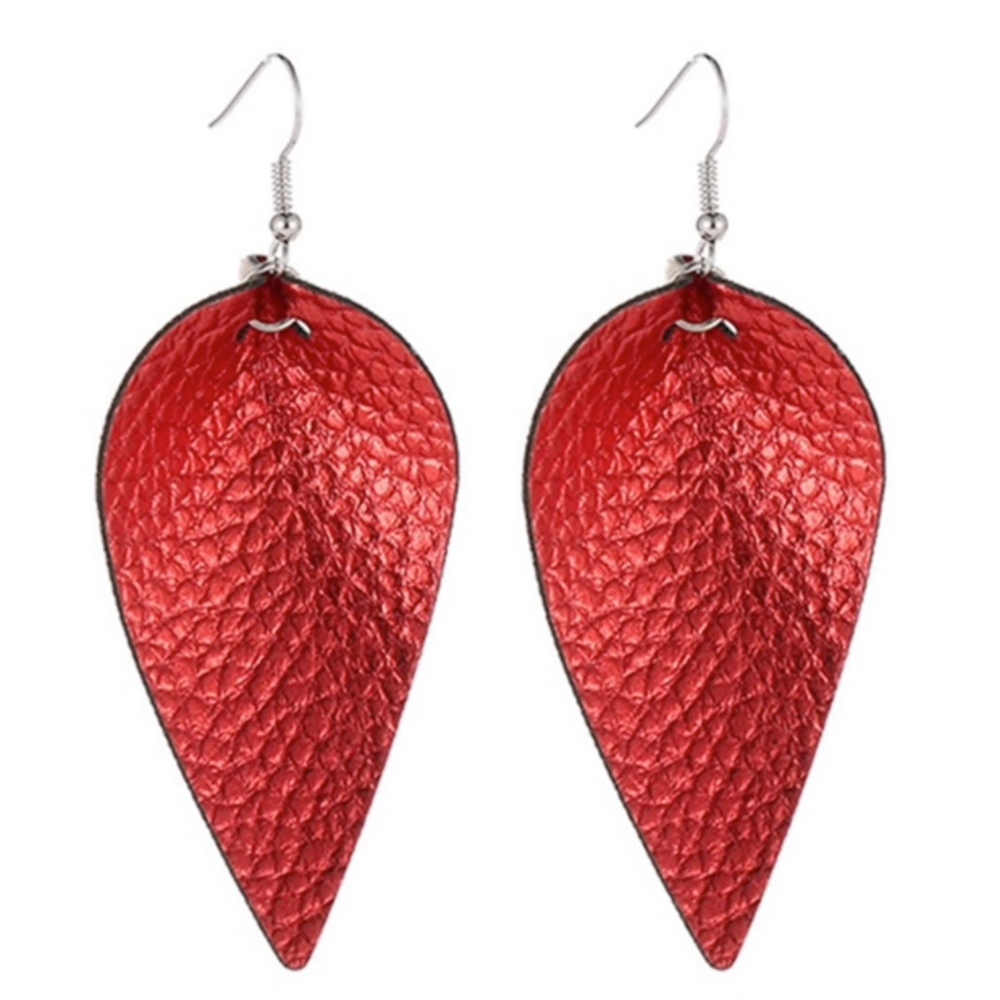 Faux Leather Tear Drop Earrings Red